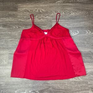 Y2K Ann Taylor LOFT Red Satin Babydoll Tank Camisole V-Neckline Ruffle Size XL